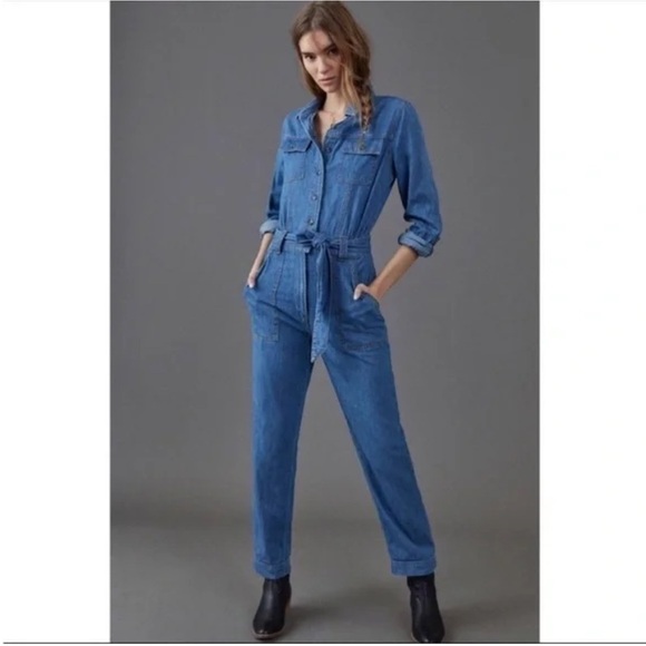 Anthropologie Pants - PILCRO Long Sleeve Belted Denim Jumpsuit Size XSP